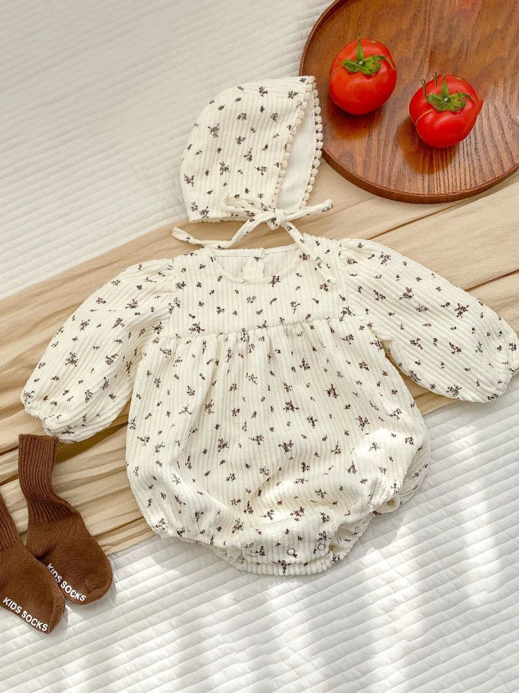 Autumn new style 0-2 years old baby clothing baby girl corduroy bubble sleeves jumpsuit, triangle climbing suit, gift hat