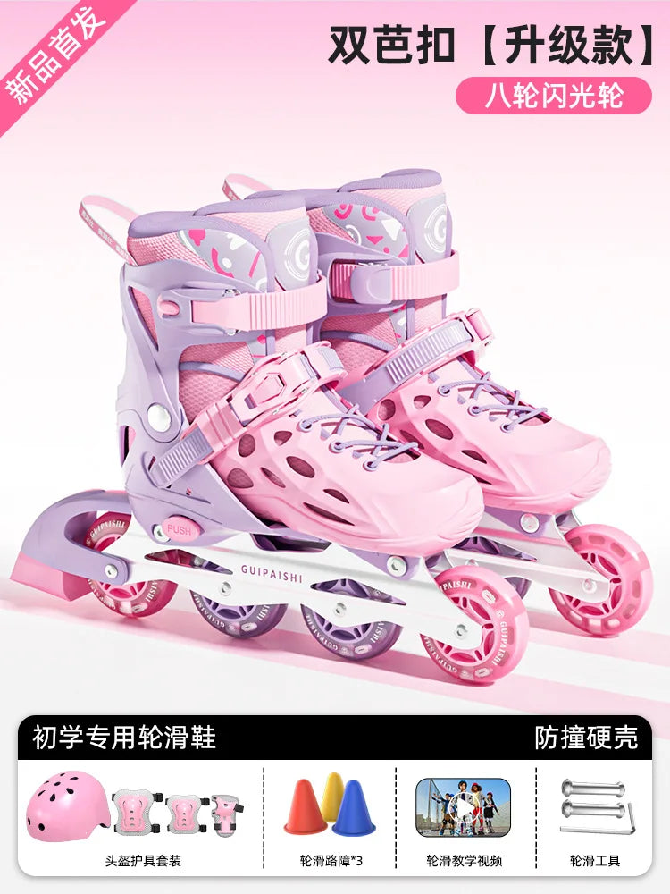 4 Wheels Flashing Inline Skates with Full Protective Gear Set Helmet Knee Pads Elbow Pads Carry Bag Adjustable Size for Boy Girl