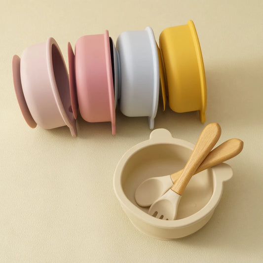 Mamaplan Baby Silicone Tableware Wooden Handle Spoon Fork Feeding Sucker Bowl Training Learning Baby Stuff  Baby Dinner Set