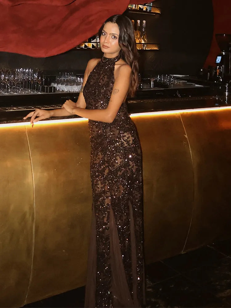 Elegant Sequin Maxi Evening Dress Halter Neck Open Back Women's Formal Party Prom Gown Sparkling Festival Female Long Dresses