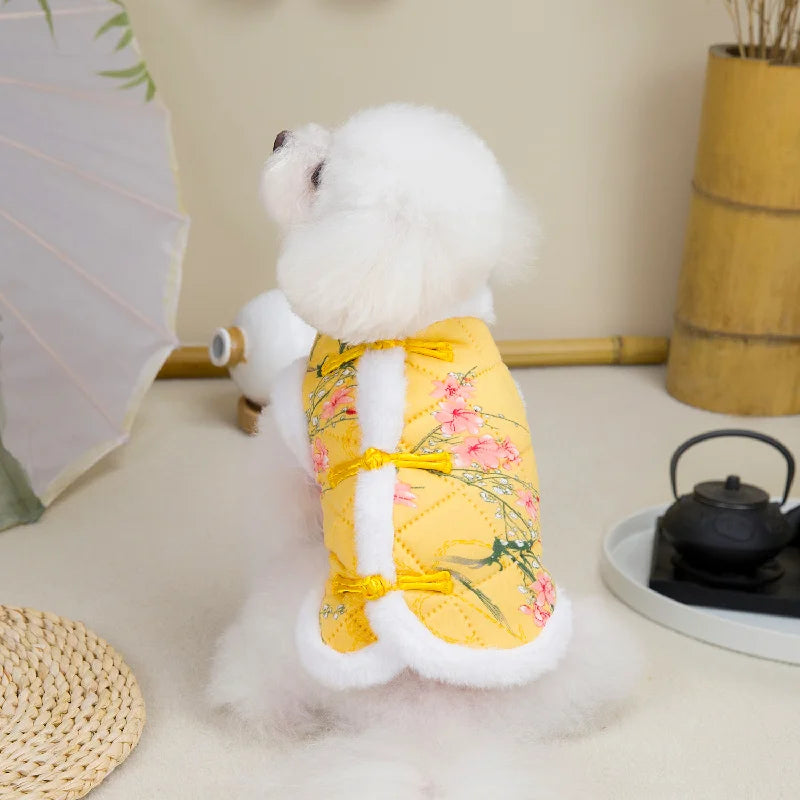 Vintage Pet Winter Warm Coat Puppy Clothes for Small and Medium Doggy Pomeranian Chihuahua Jacket With Flower Outdoor Clothing