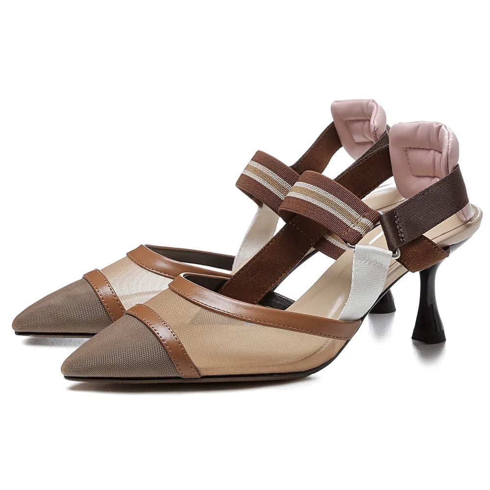 Aucegi Pointy Toe Thin High Heel Slingback Sandals Women Brand Design Elegant Genuine Leather Splicing Mesh Party Dress Shoes