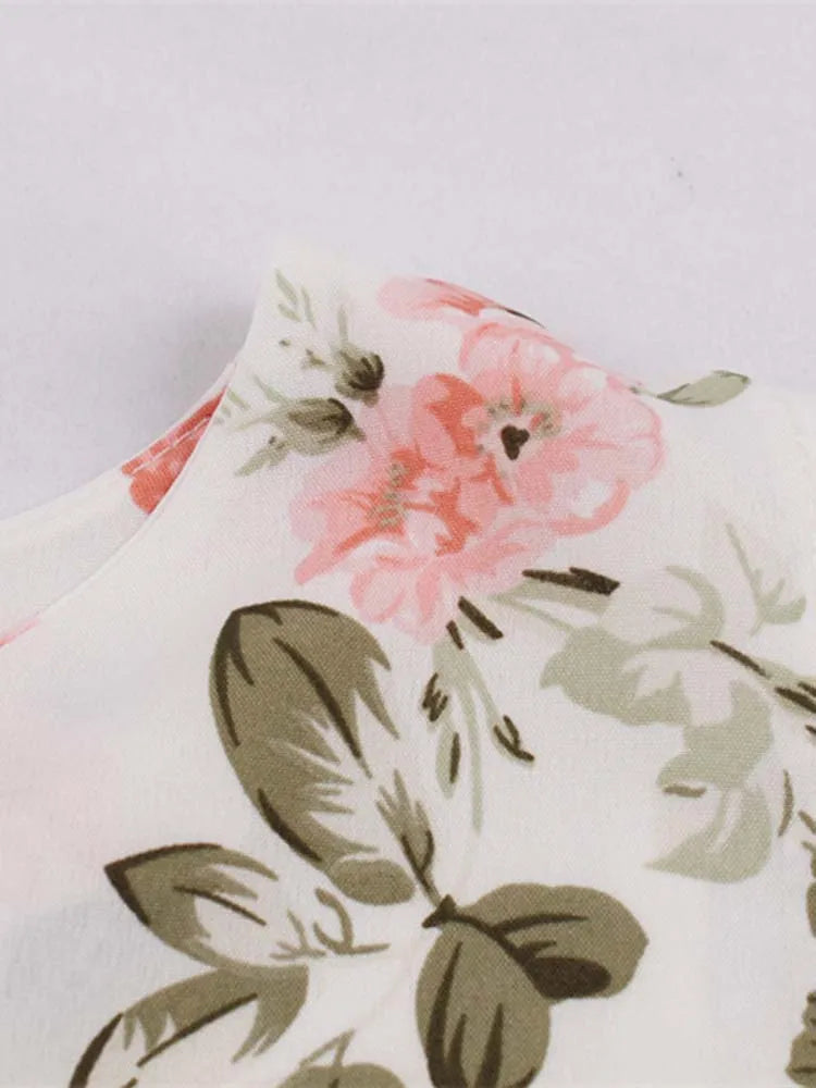 Sleeveless Floral Print Summer Dress Women Elegant Vintage Casual O Neck A Line Midi Party Sundress Vestidos With Belt