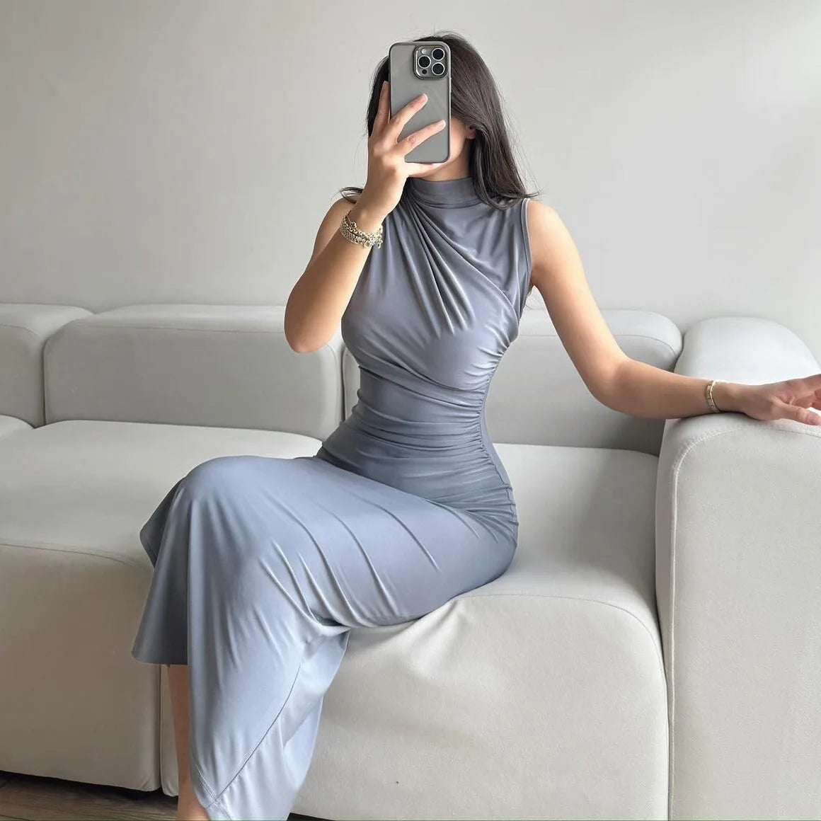 YUZHEXI elegant sleeveless ruched midi dress women commuter bodycon solid color robe black red pink split clothes summer