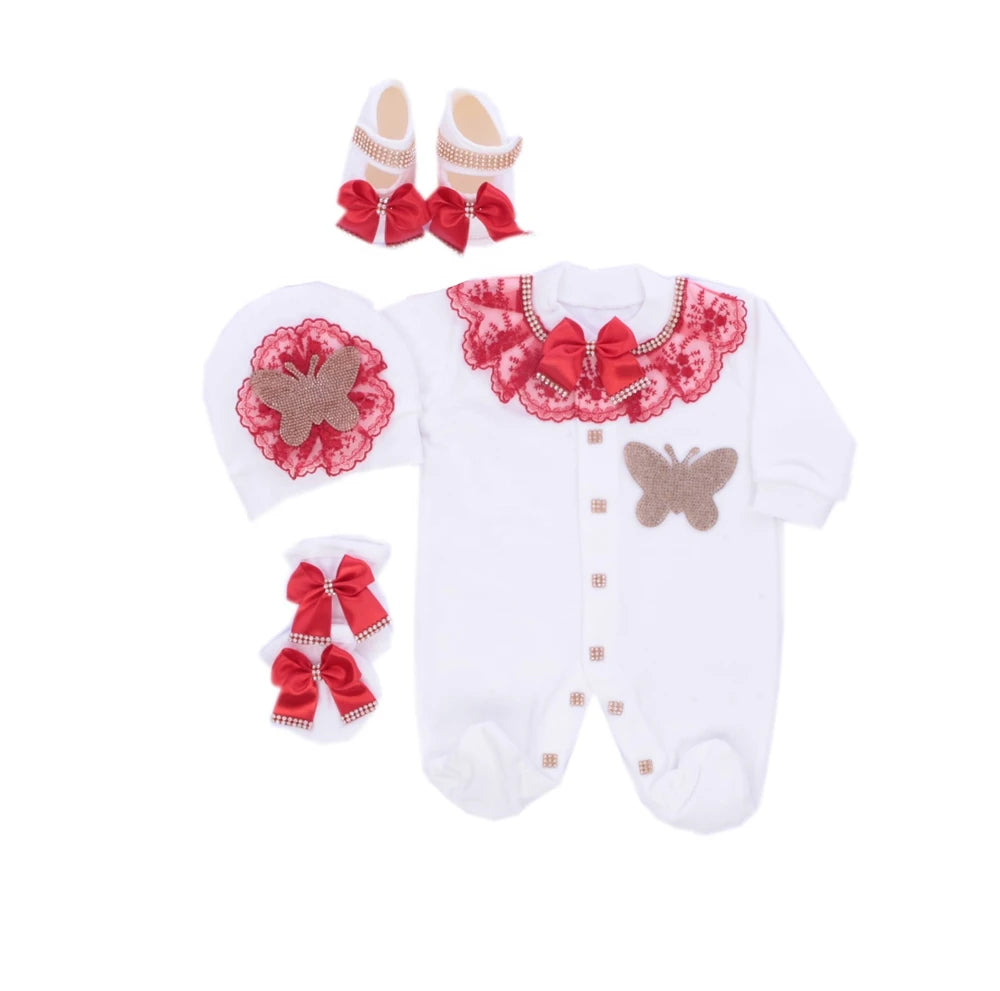 Dollbling Butterfly Jewelry Crown Gift Clothing Sets Welcome Home Lace Baby Rompers Mittens Bonnet Pajamas Outfit 4pcs Layette