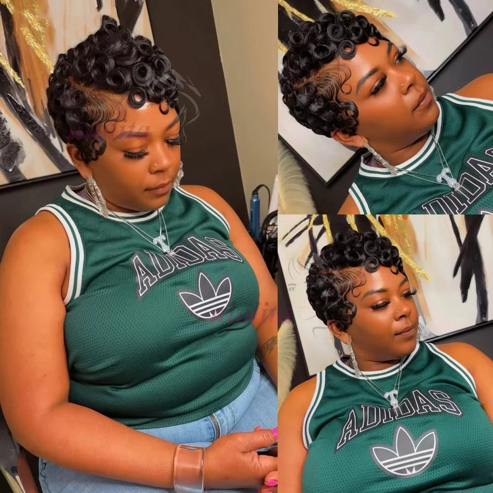 Short Deep Wave Pixie Cut Human Hair Wig Brazilian Remy Wig 180 Density Easy Daily Wear for Black Women