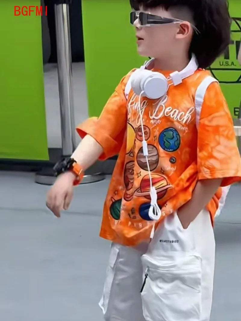 Summer Children's Costume Fashion Boys Clothing New Cartoon Printed Orange Short Sleeved T-shirt White Overalls Shorts 2pcs Set
