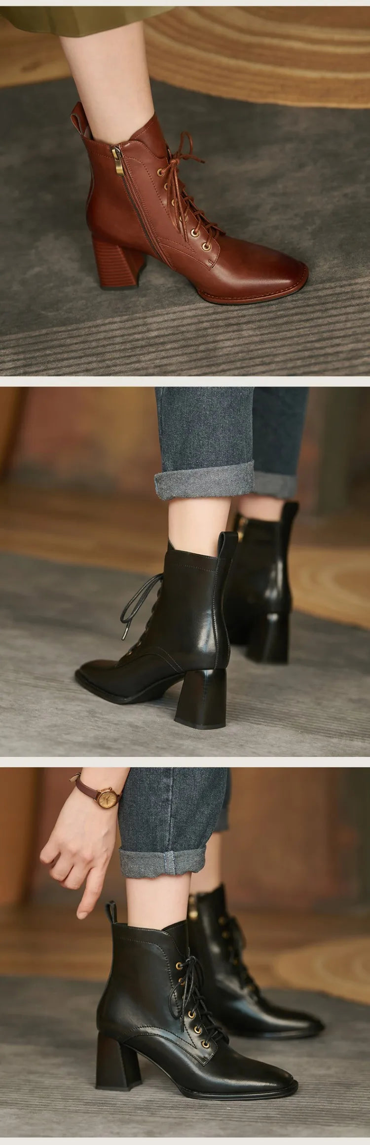 New Autumn/Winter Women Boots Cow Leather Fashion Women Shoes Square Toe High Heel Shoes for Women Lace Up Modern Short Boots