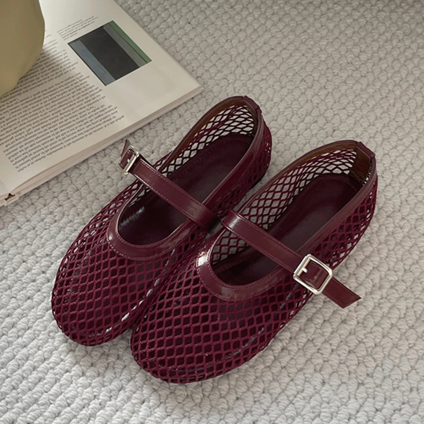 Aneikeh BIG Size 35-43 Jelly Color Fishing Ballet Dance Women's Mesh Buckle Flat Hollow Out Retro Mary Jane Shoes