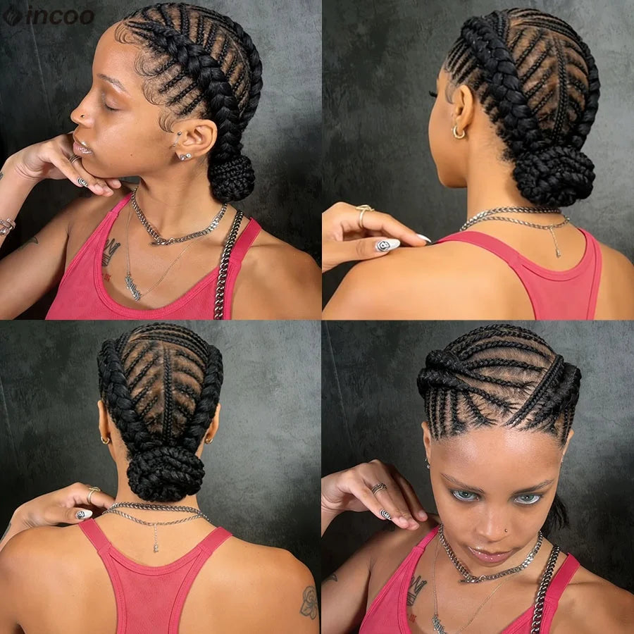 Synthetic Handmade Bantu Braided Wigs Full Lace Cornrow Braids Full Lace Wigs Bun Box Braids Wigs With Baby Hair For Women 12''