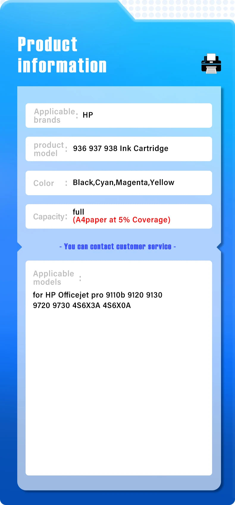 Suitable for daily use 936 937 938 ink cartridges，for HP Officejet pro 9110b 9120 9130 9720 9730 4S6X3A 4S6X0A printer 936e
