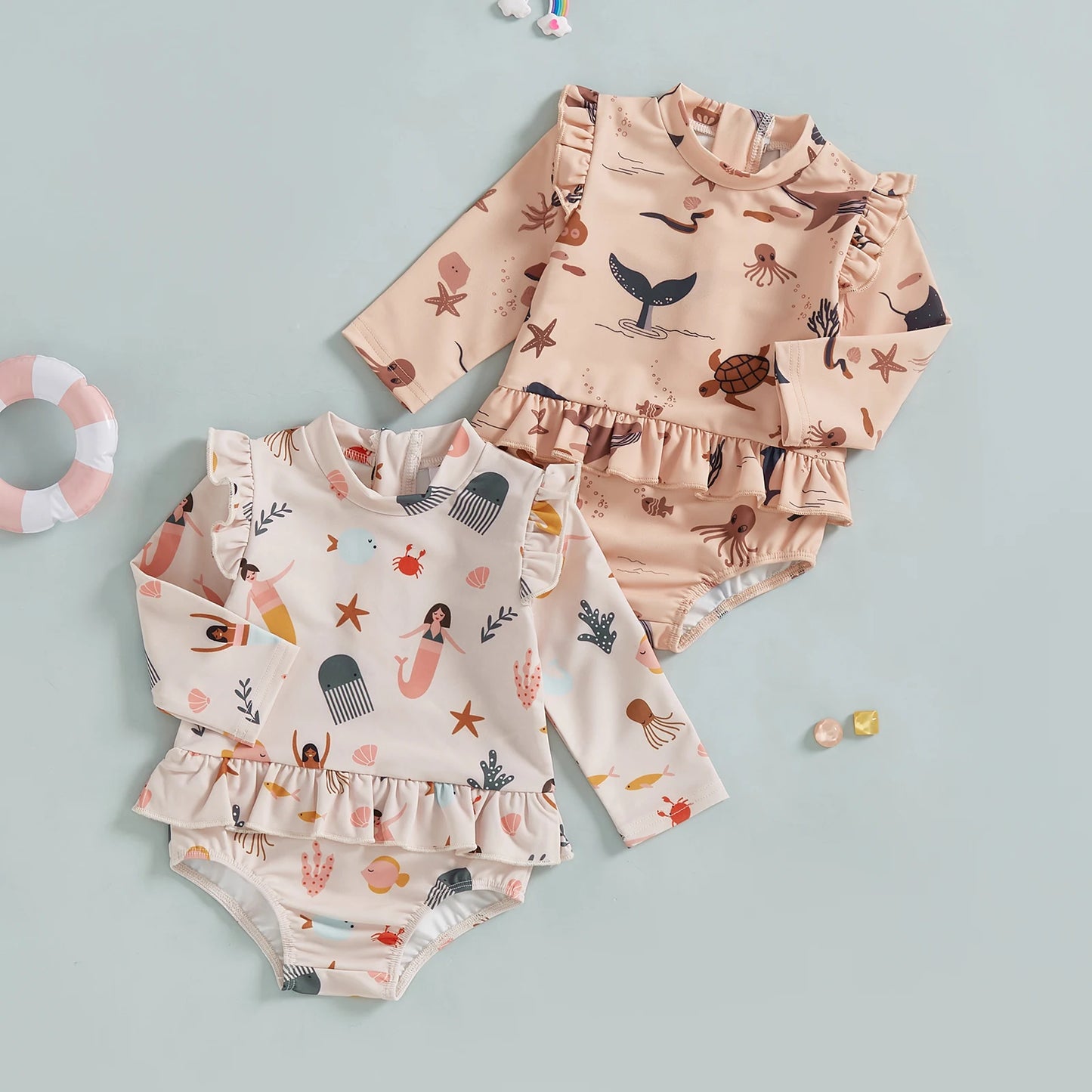 MISOWMNJOY Cute Baby Girls Long Sleeve Swimsuit Beachwear Ocean Elements Print Ruffle Toddler Infant Bathing Suit Swimwear