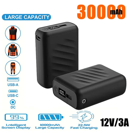 30000mAh Rechargeable 12V 3A Power Pack For Heated Jacket Power Bank Spare Battery Portabl Heating Vest Auxiliary Battery