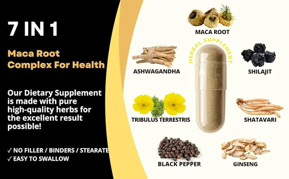 Maca Root Capsules 7-in-1 with Ashwagandha, Ginseng, Tribulus, Shilajit, Shatavari & Black Pepper, Extra Strength, 150 Count