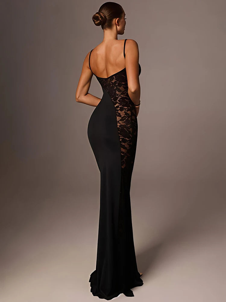 Mozision Spaghetti Strap Lace See Through Sexy Maxi Dress Women Elegant Black Sleeveless Backless Bodycon Club Party Long Dress