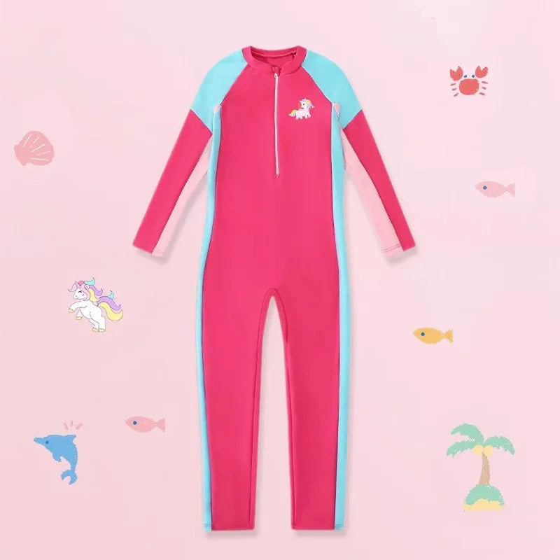 Girls Swimsuits Children Fashion Long-sleeved One-piece Costume 6-12Y Kids Summer Pool Swimming Clothing Teenager Swimwear