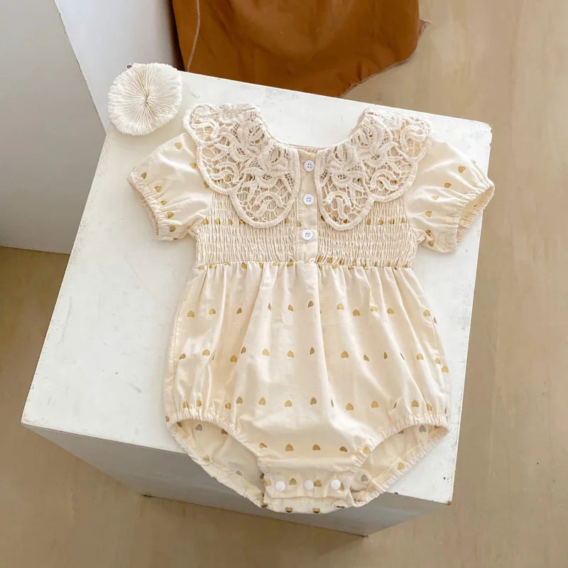 Summer new baby clothes for 0-3 years old, baby and girl big lace lapel love print short-sleeved jumpsuit
