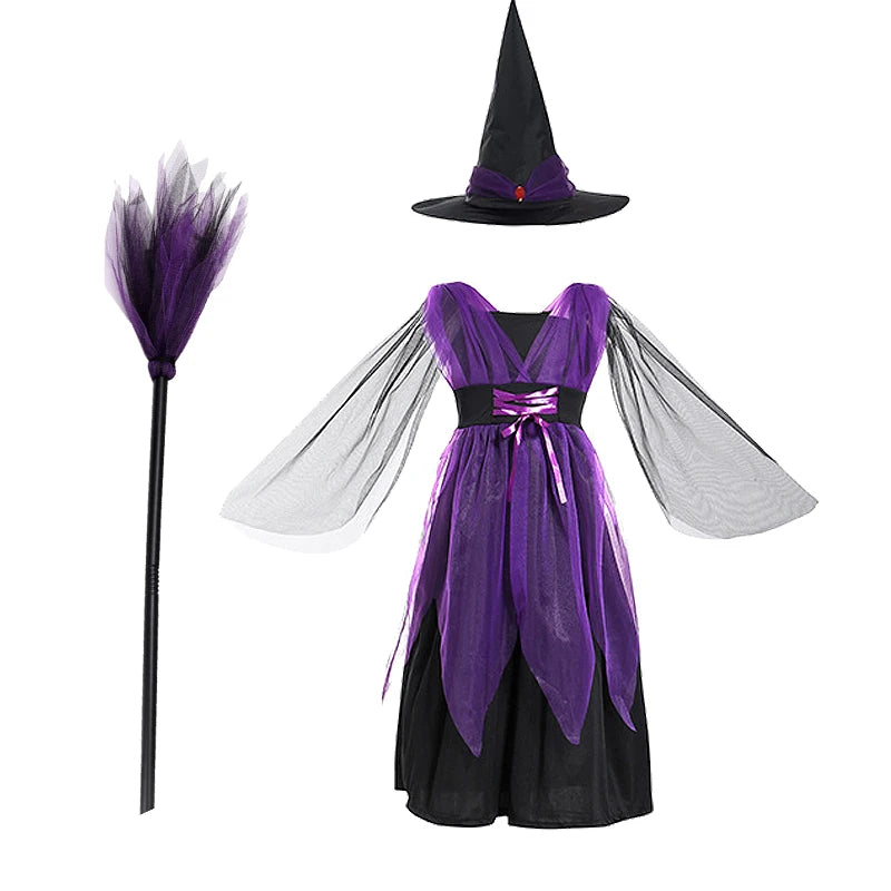 2-12T Halloween Costume for Kids Girls Purple Bat Dress Carnival Vampire Costume Witch Cosplay Clothes Carnival Party Gifts