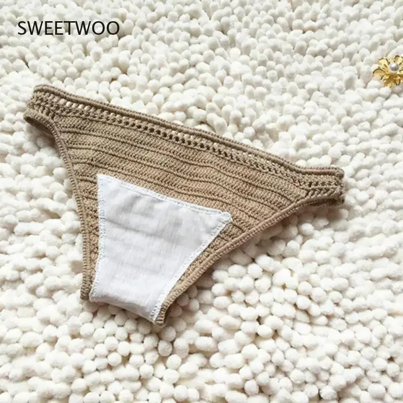 Bikini 2024 Knitting Swimsuit Crochet Bohemia Style Off Shoulder High Neck Bathing Beach Handmade Crochet