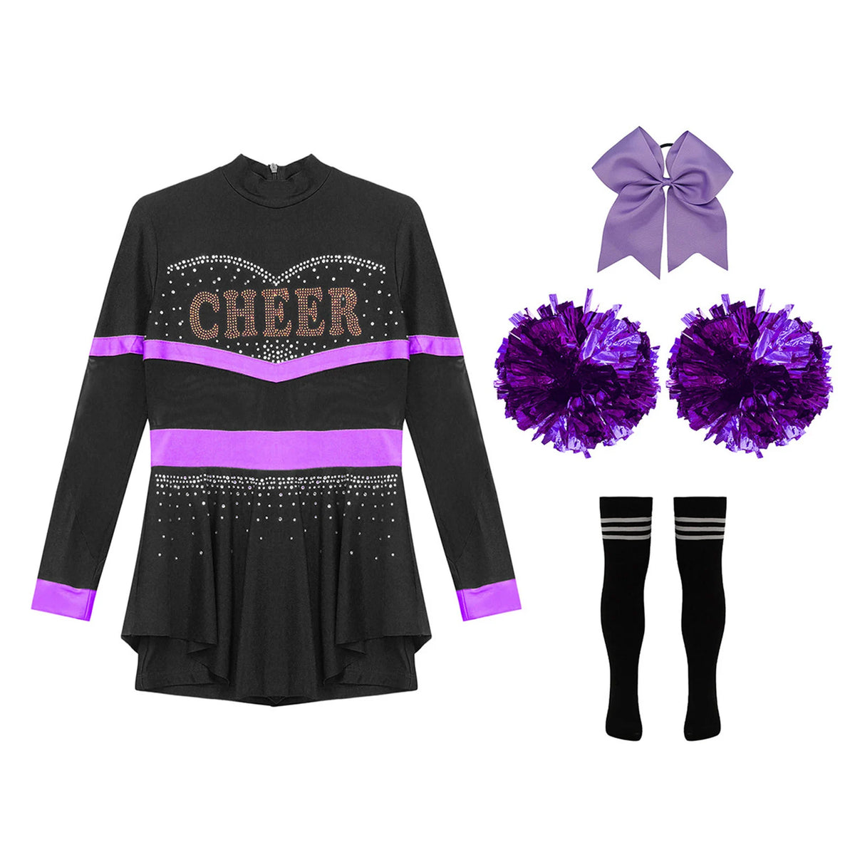 Girls Cheerleader Costume Long Sleeve Cheerleading Uniform Children Cheer Dance Dress Hand Flower Socks Stage Dancewear Sets