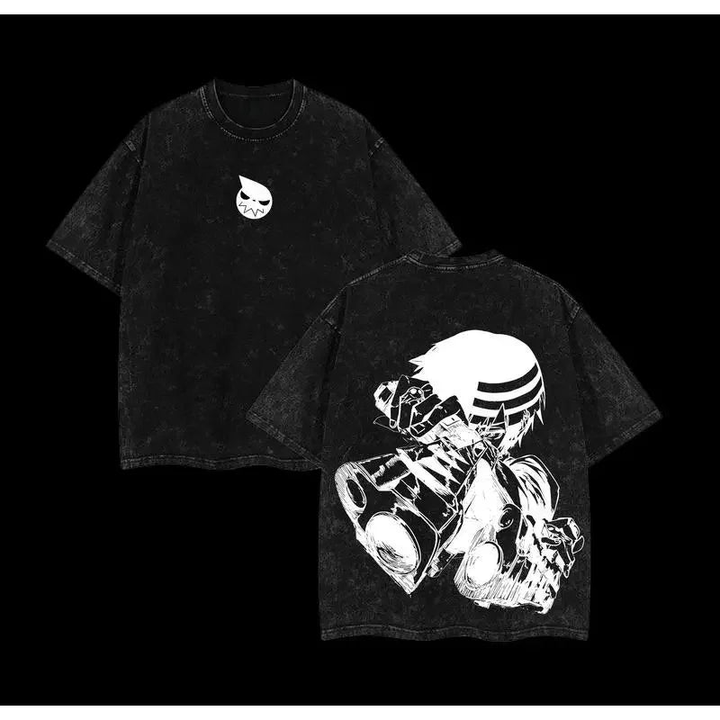 Anime Soul Eater Death The Kid  Print T-shirt Men Women Tshirts Short Sleeve Cotton Clothing Retro Washed T Shirt Harajuku Tops
