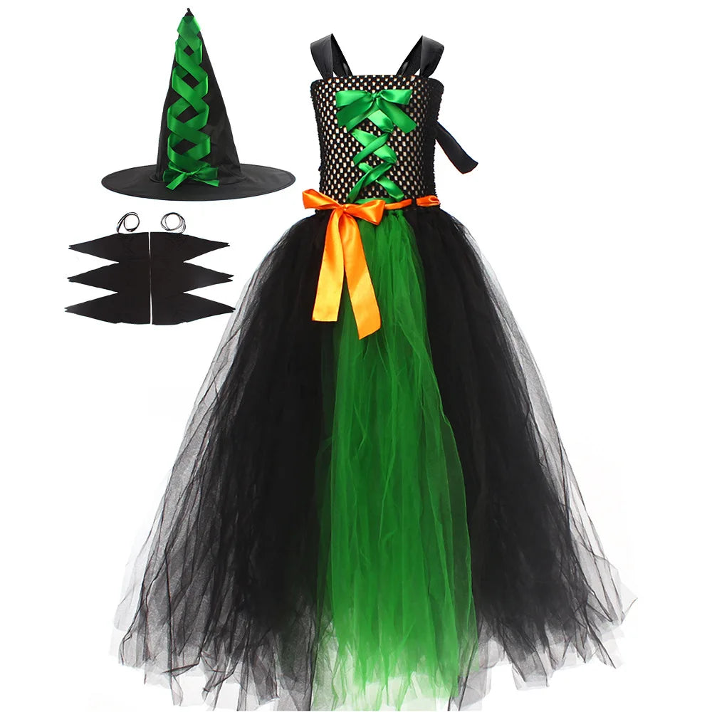 Halloween Witch Costume For Girls Kids Long Veil Dress Princess Dress Birthday Party Dress Stage Performance Dress