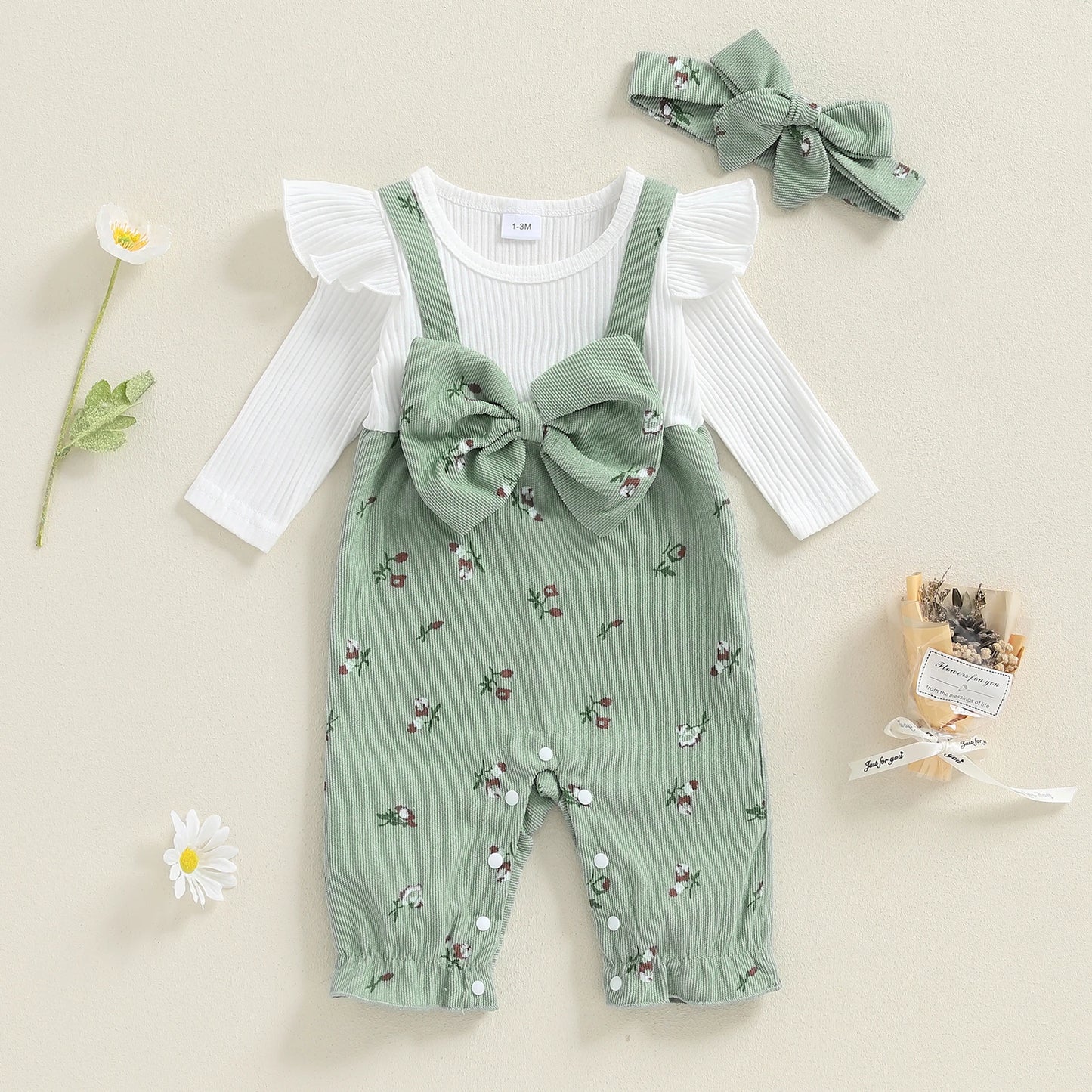 Sweety Baby Girls Long Sleeve Romper Floral Print Fake Two Pieces Patchwork Bow Jumpsuits Headband Set