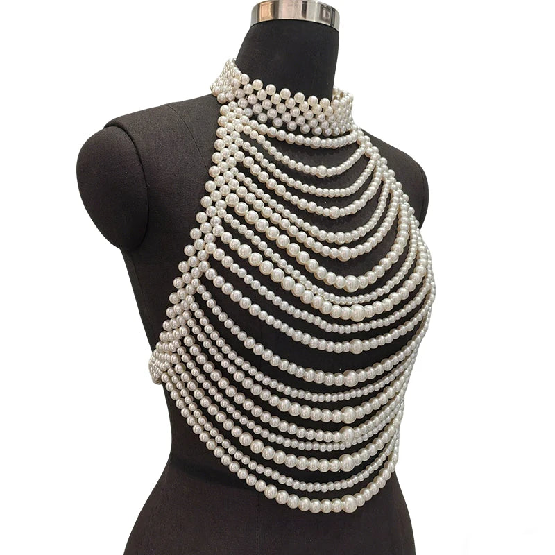 Handmade White Pearl Multilayer Bridal Halter Neck Vest Body Chain Pearl Bralette Chest Harness Beaded Bra