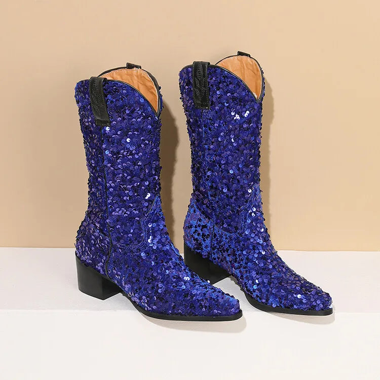 Women Sexy Western Boots Bling Bling Trends Party Chunk Heels Lady Shoes Fashion Pointed Nightclub Female Sequin Mid-Calf Boots