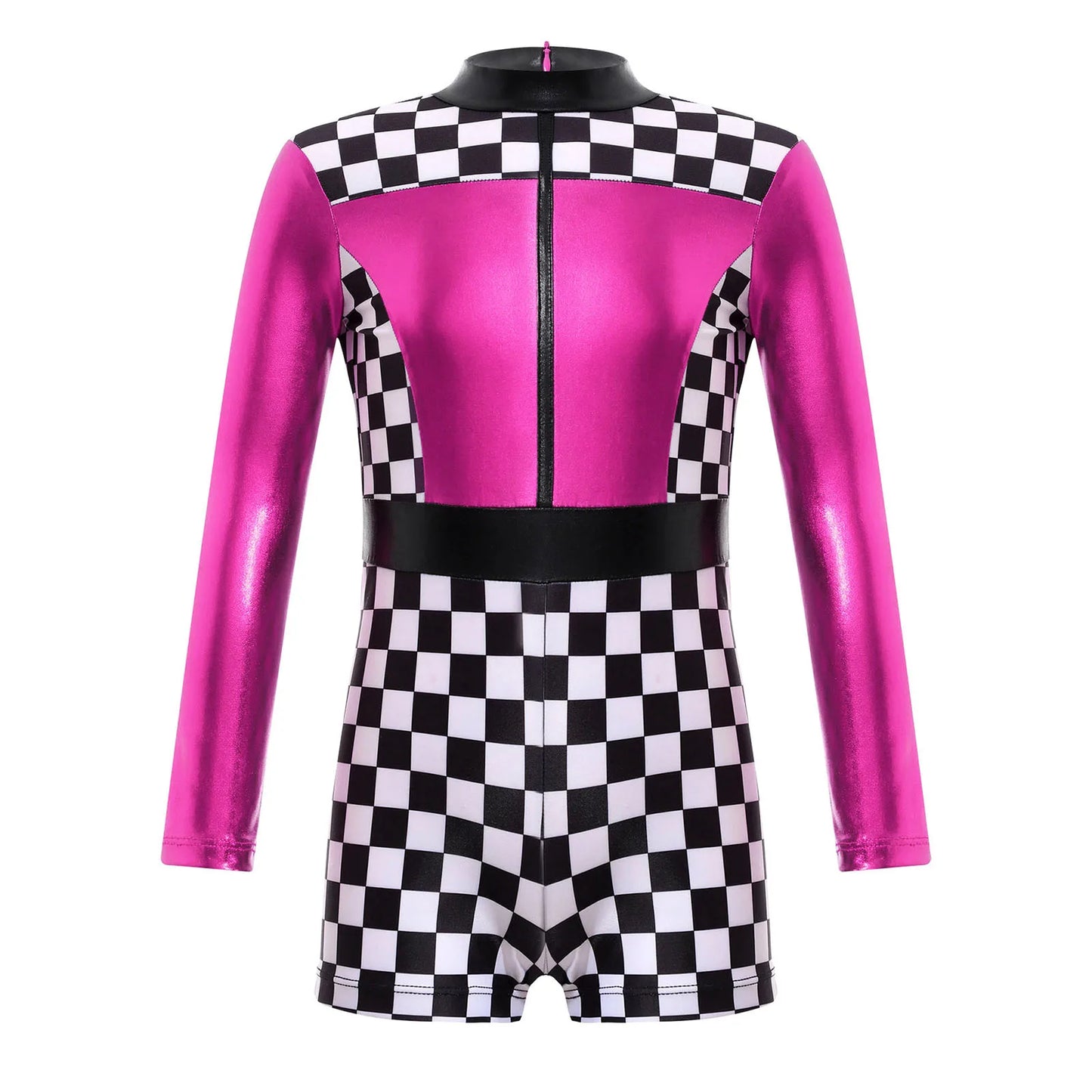 Kids Girls Checkerboard Racer Costume Halloween Car Driver Cosplay Leotard Dress with Tulle Skirt Themed Party Driving Roleplay