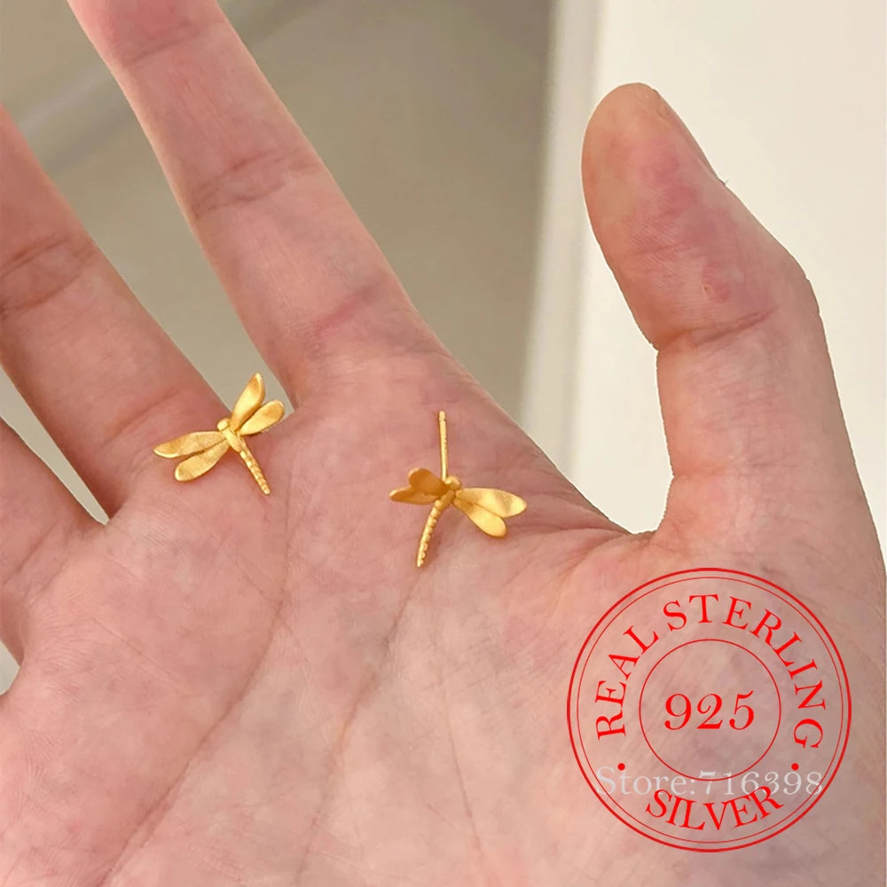 925 Sterling Silver Jewelry 18K Gold Plated Cute Dragonfly Stud Earrings for Women Wedding Party Jewelry For Girls Friend Gift
