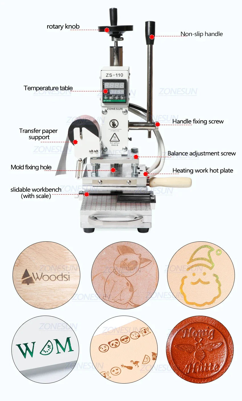 ZONESUN ZS110 Hot Foil Stamping Bronzing Embossing Machine Slideable Workbench Digital Leather PVC Paper Heat Press Machine