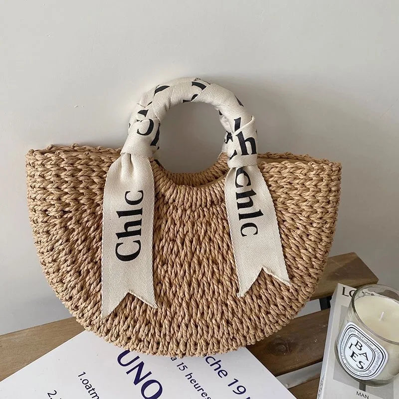 Hand Woven Straw Semicircle Tote Bag Large Capacity Handheld Crossbody 2-in-1 Beach Vacation Fashion Bag for Women