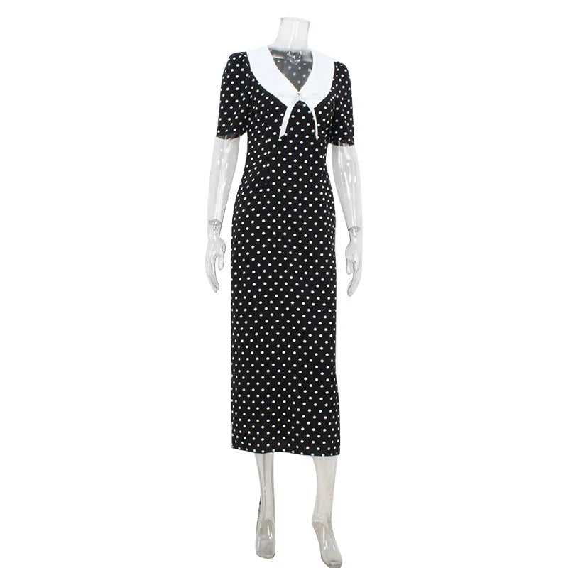 Polka Dot Printed Maxi Dress Women Fashion Chic Puff Sleeve Patchwork High Waist Slim Robes 2025 Elegant Party Long Dress Gowns
