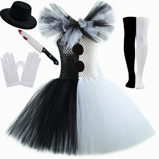 Girls Halloween Clown Costume Dress Kids Black White Scary Clown Dress with Hat Socks Gloves Set Carnival Cosplay Party Outfit