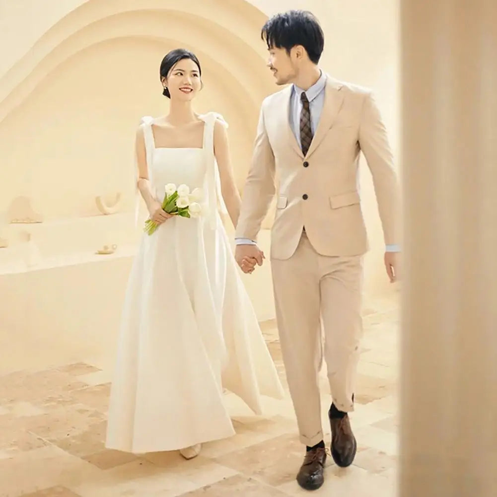 Square Neck Dress Elegant Satin Lace-up Wedding Dress with Bow Detail Square Neckline A-line Silhouette for Filming for Women