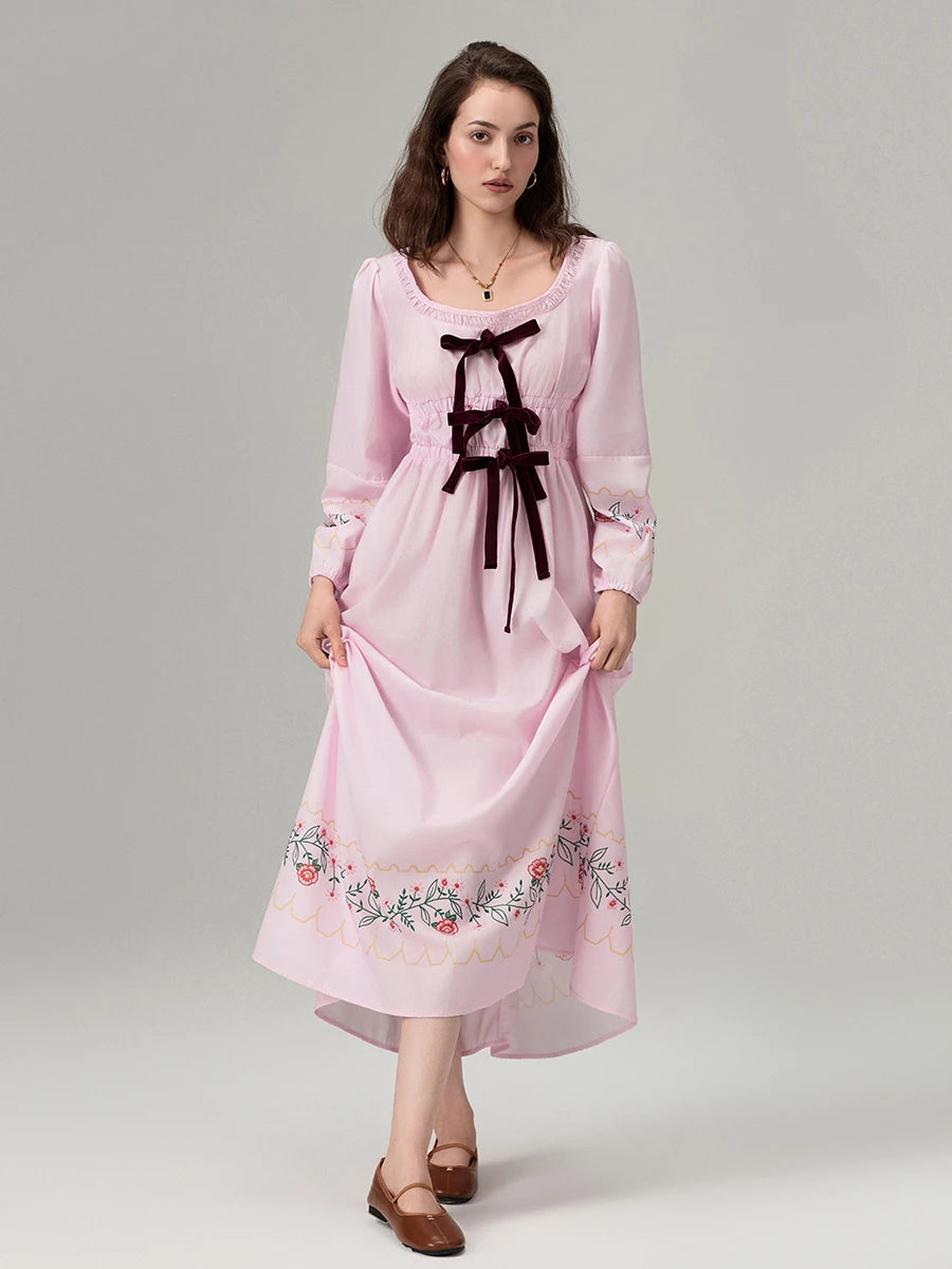Women's 2024 Summer Boho Square Neck Front Bow Midi Dress Lady Vintage Puff Long Sleeve Plaid Ruffle Backless Maxi Dress