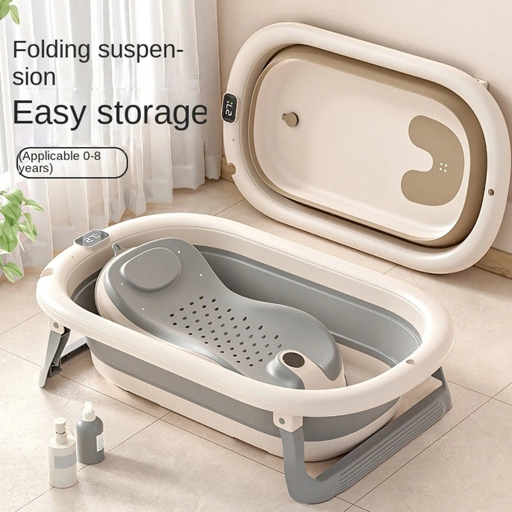 Baby Bathtub WIth Nonslip Lines Collapsible Space Saving Baby Lying Sitting with Seat Support Cushion Stand Folding Baths