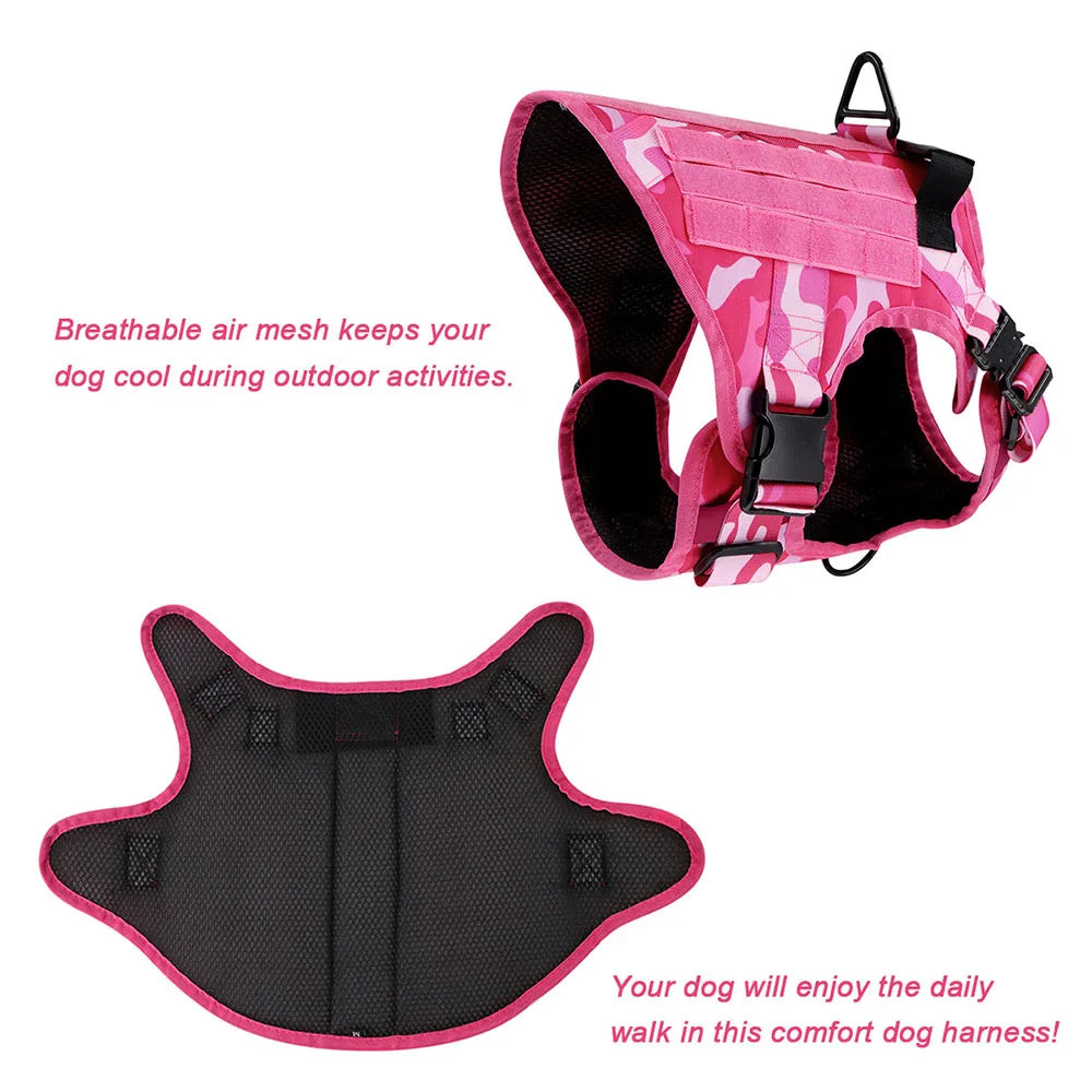 Tactical Pink Dog Harness Leash Set for Medium to Large Dog Adjustable Chest Strap Heavy-Duty Nylon for Outdoor Training Walking