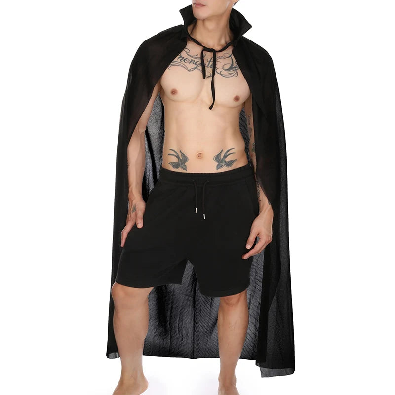 Sexy Halloween Costumes Woman Men Cosplay Hooded Cape Sheer Transparent Stand Collar Erotic Sex Costumes Stage Show Costumes