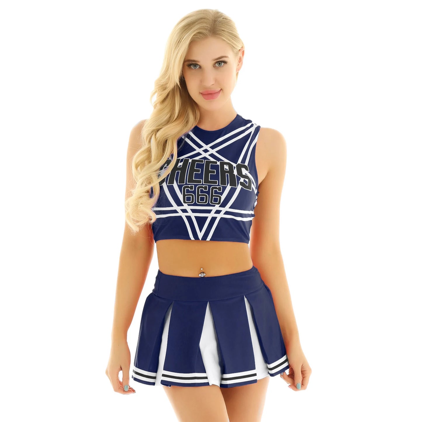 Women's Cheerleader Cosplay Costume Uniform Outfit Stand Collar Crop Top with Mini Pleated Skirts Carnival Cheerleading Suit