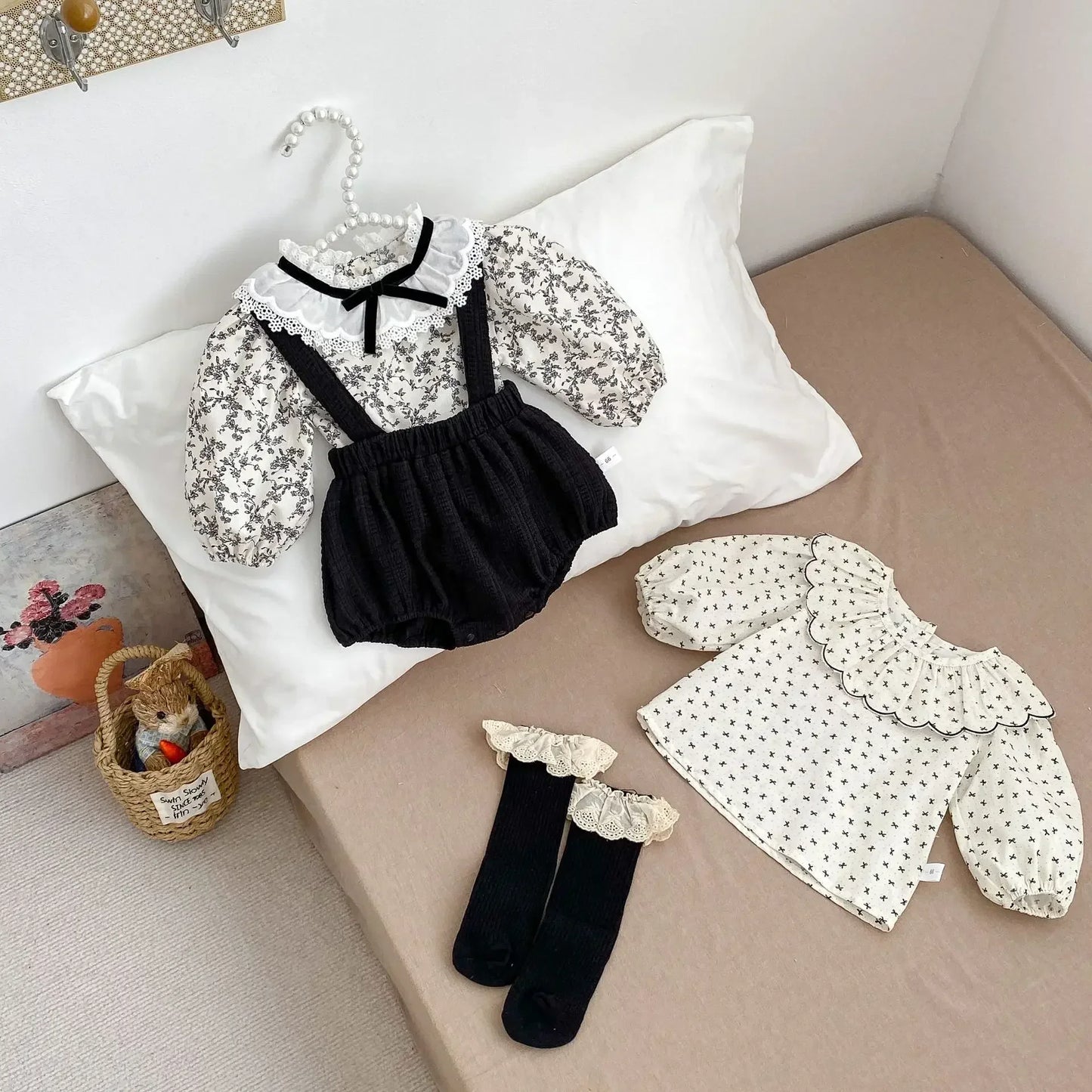5364 Baby Clothes 2025 Spring Fahion Baby Girl's Bib Suit Lapel Long-sleeved Shirt Or Bag Fart Pants Climbing Clothes