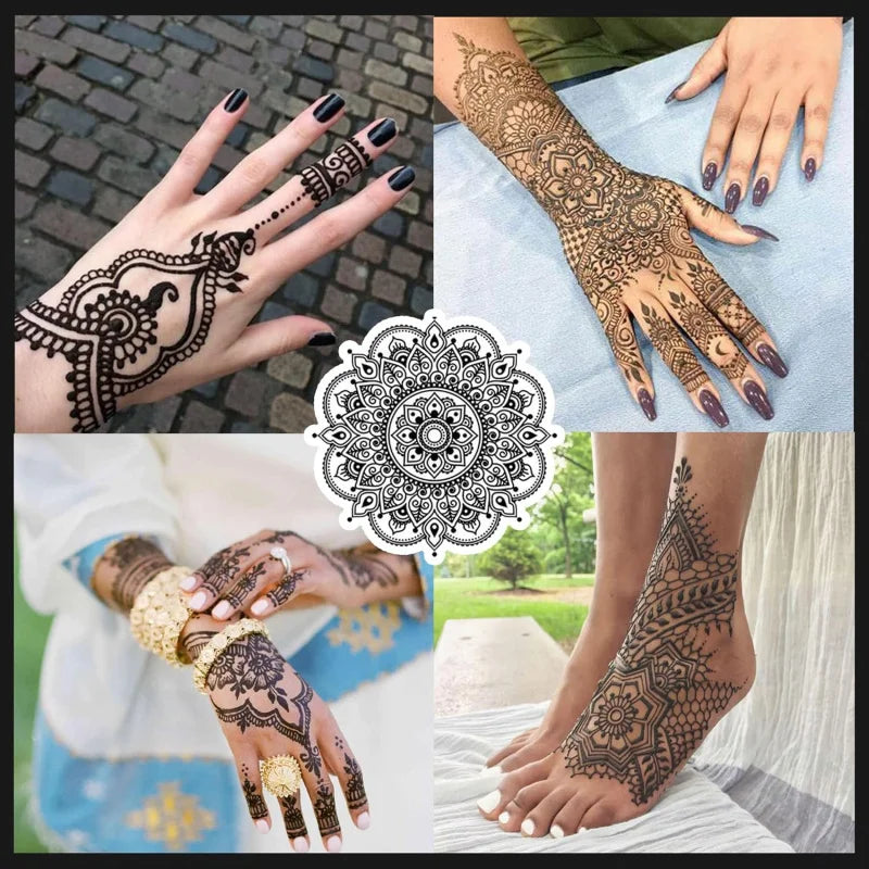 SUANGL Temporary Henna Tattoo Kit 3 Colors Black Brown Red with Stencils for Beginners Professionals Party Gift Set