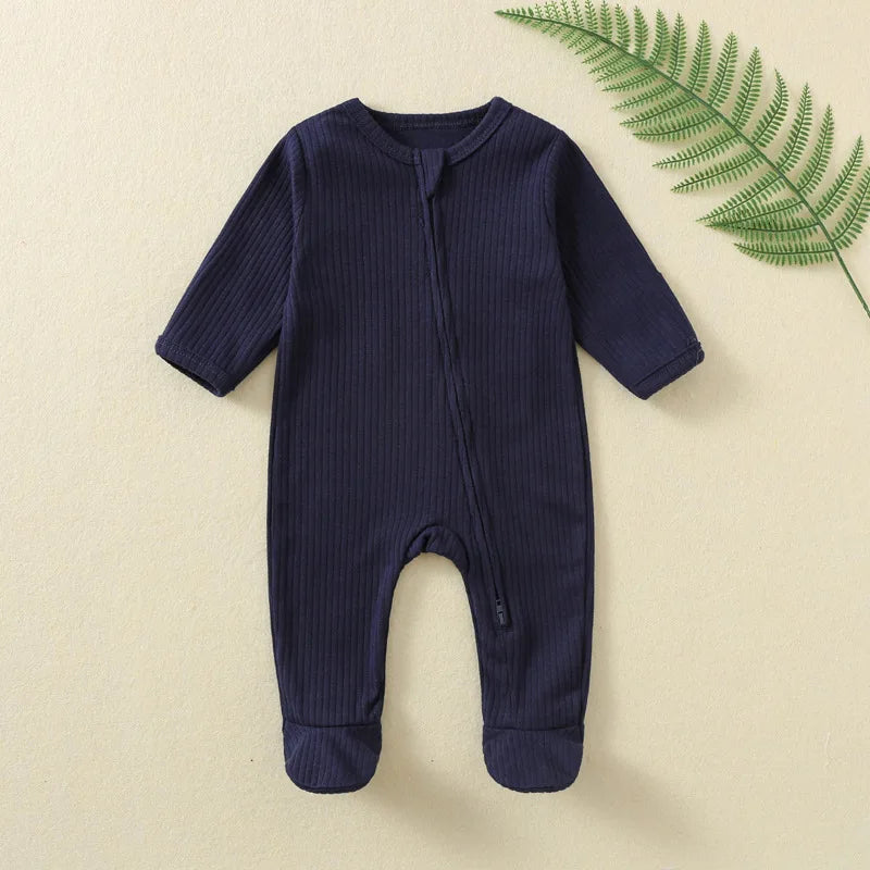 Autumn Zipper Baby Onesie Ribbed Knit Footed Romper Long Sleeve Solid Color Jumpsuit for 0-12M Newborn Infant Outfits