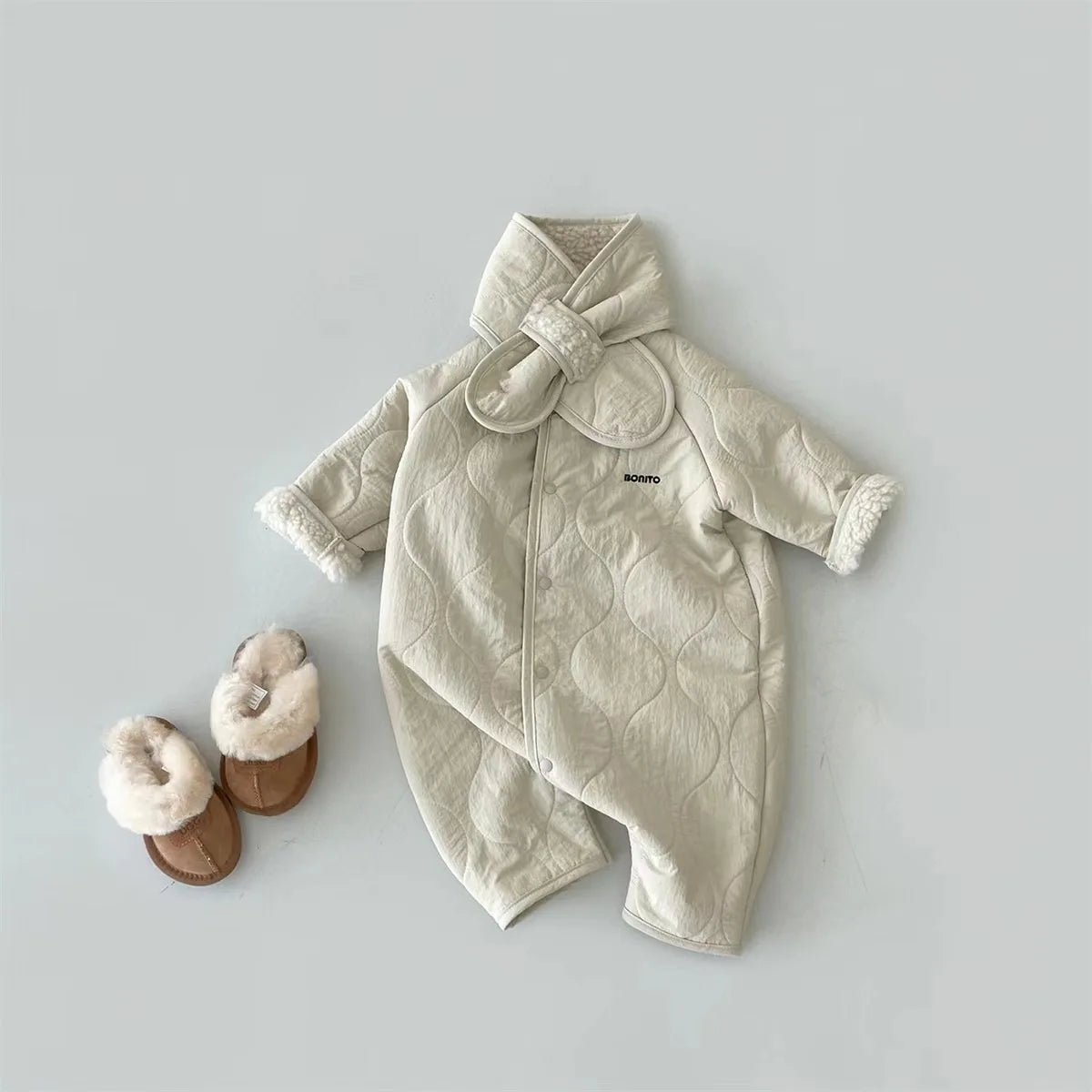 2025 Winter New Baby Plus Velvet Thick Warm Romper + Scarf Newborn Infant Boy Girl Long Sleeve Lamb Fleece Warm Jumpsuit 0-24M