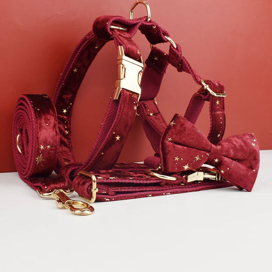 Luxury Fashion Pet Accessories Custom Design Logo Black Bottom Flower Sublimation Dog Collar Leashes Harness Bow Set Star02