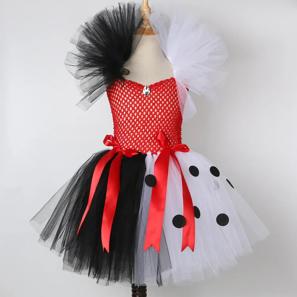 Halloween Crulla Cosplay Costume Cruella Tulle Dress Party Girls Black White Carnival Kids Cruella Wig Lace Mask Suit Clothes