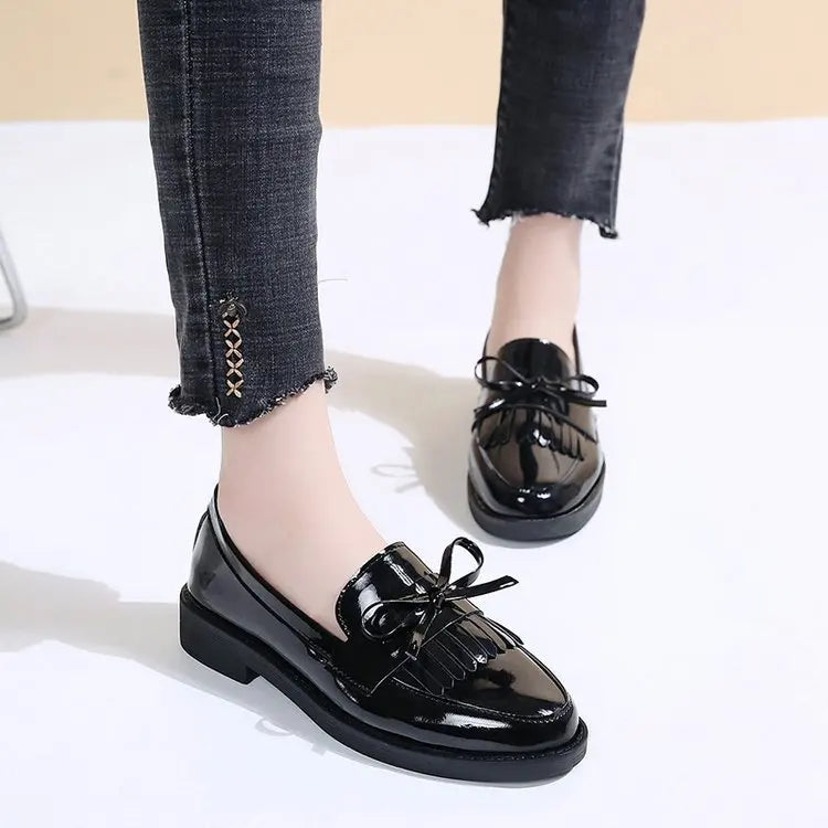 Black Patent Leather Women's Loafers Platform Slip on Shoes for Women 2025 New Spring British Tassel Casual Flats Shoes Woman