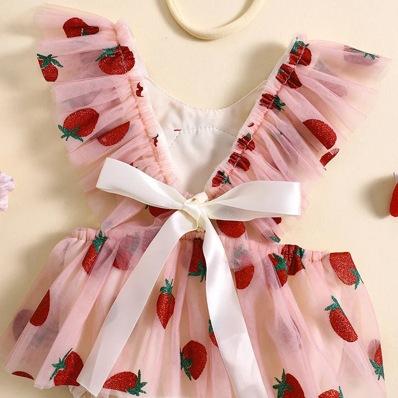 Baby Girl Summer Outfit, Strawberry Embroidery Fly Sleeve Romper Dress Bow Headband Toddler 2 Piece Set