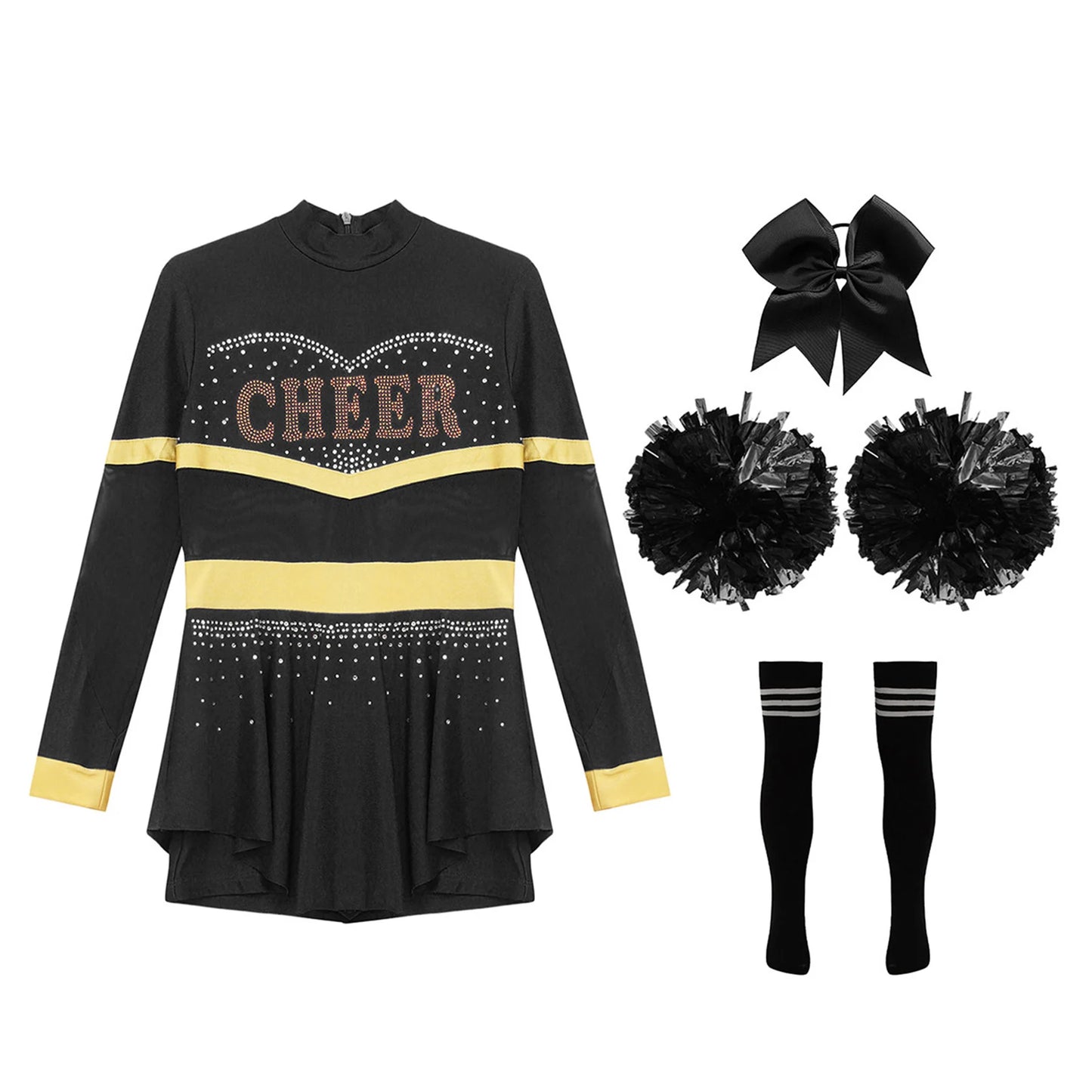 Girls Cheerleader Costume Long Sleeve Cheerleading Uniform Children Cheer Dance Dress Hand Flower Socks Stage Dancewear Sets